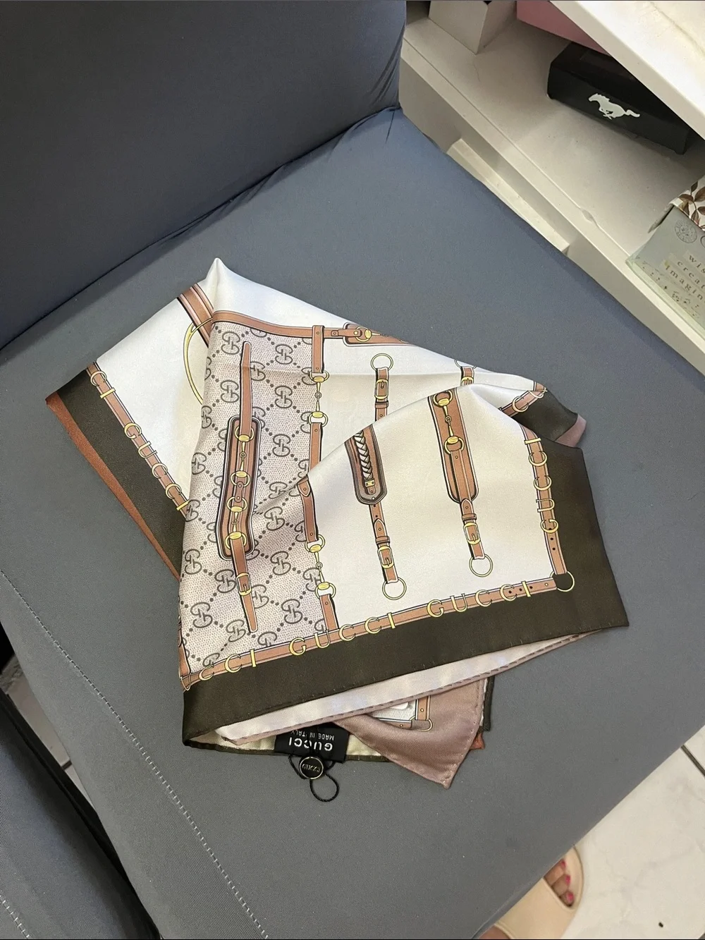 Silk Equine-Inspired Scarf in Brown, Cream & Gold